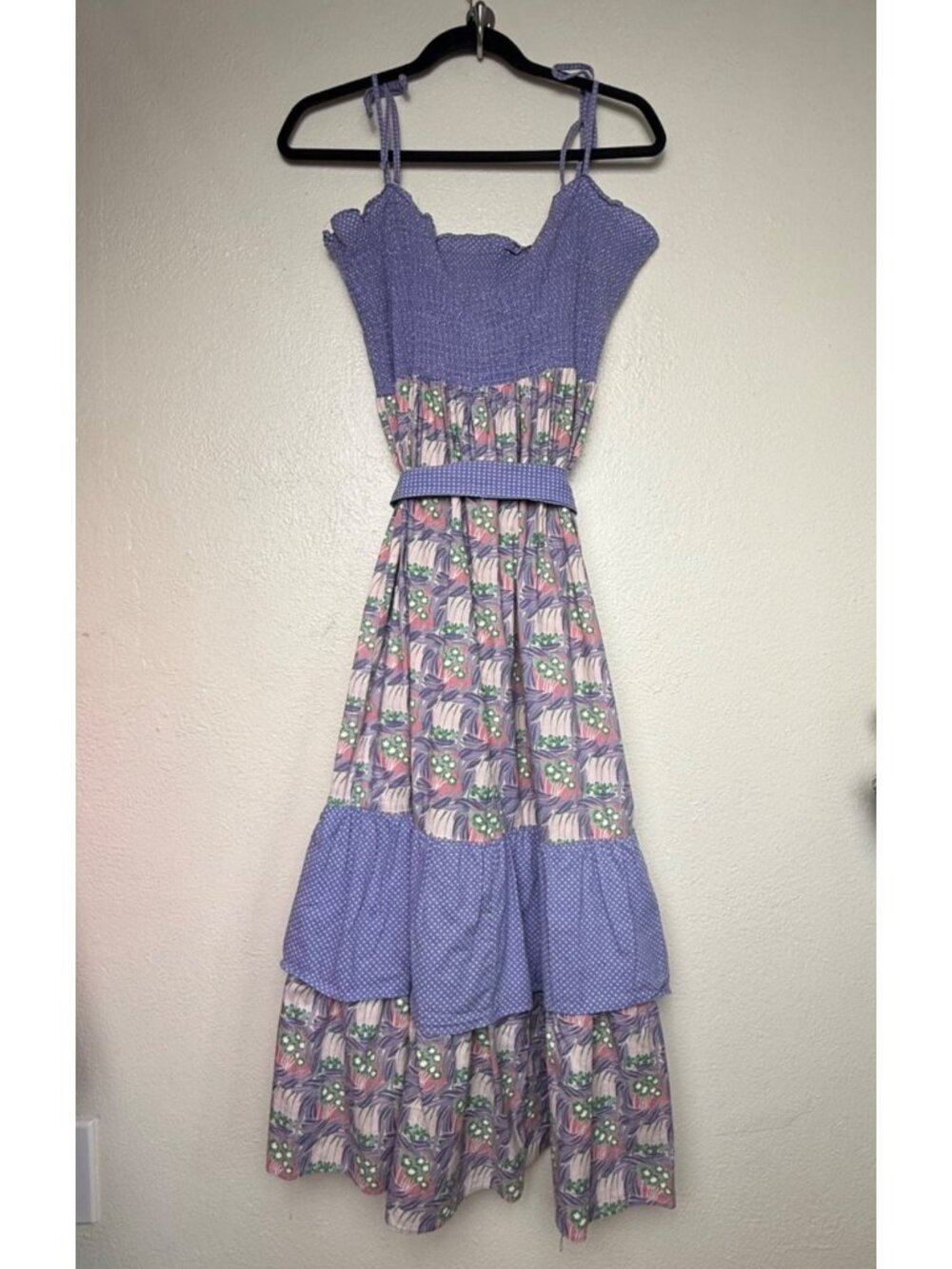 Vintage Verona - Bonwit Teller Smocked Sundress Floral Maxi BOHO In Purple Sz 14 - Picture 3 of 9